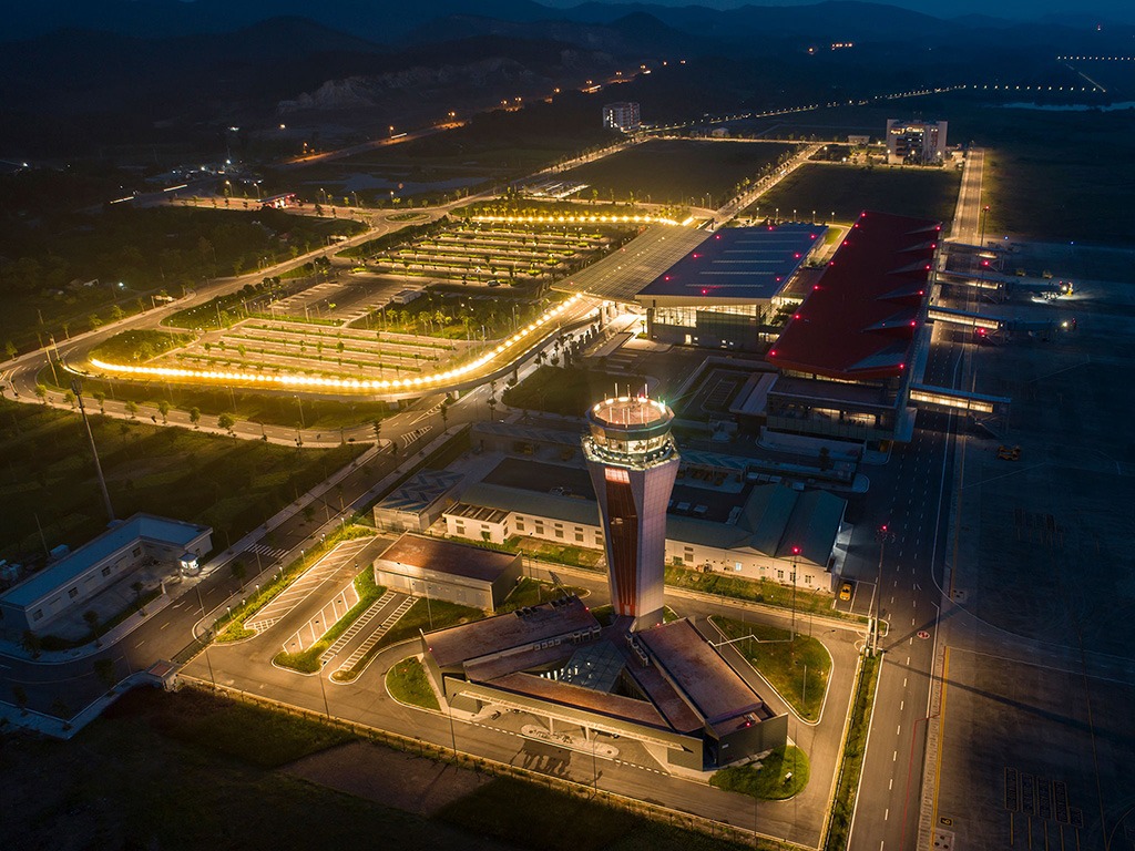 Van Don International Airport terminal and control tower at night